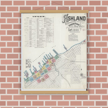 Old map wall art mockup — magnetic wood frame on brick wall — Sanborn Fire Insurance Map from Ashland, Ashland County, Wisconsin (1890), Sheet #0001
