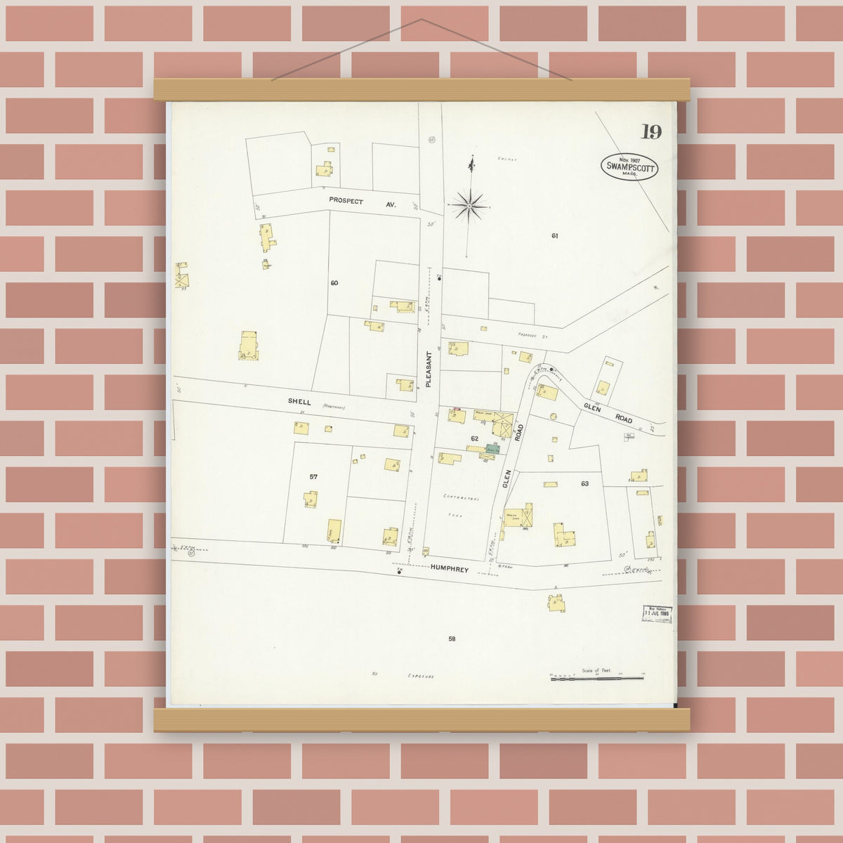 Old map wall art mockup — magnetic wood frame on brick wall — Sanborn Fire Insurance Map from Swampscott, Essex County, Massachusetts (1907), Sheet #0019
