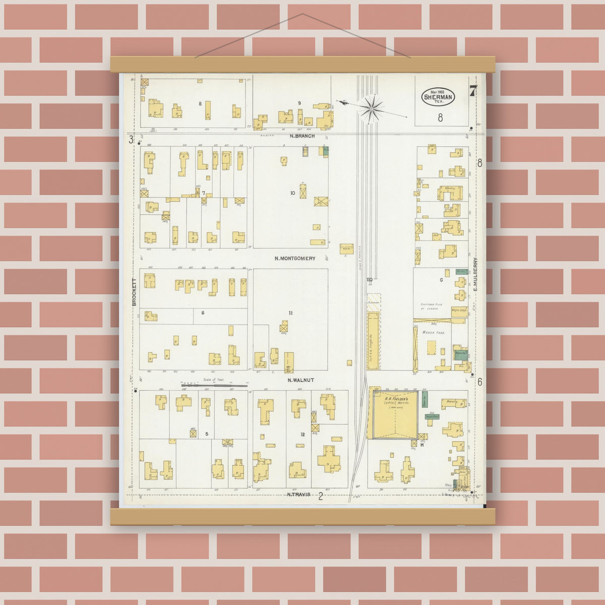 Old map wall art mockup — magnetic wood frame on brick wall — Sanborn Fire Insurance Map from Sherman, Grayson County, Texas (1902), Sheet #0007