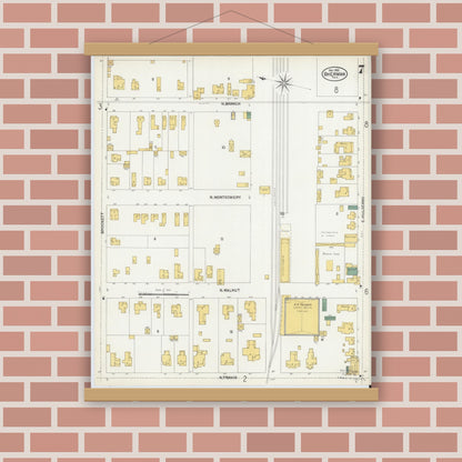 Old map wall art mockup — magnetic wood frame on brick wall — Sanborn Fire Insurance Map from Sherman, Grayson County, Texas (1902), Sheet #0007
