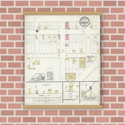 Old map wall art mockup — magnetic wood frame on brick wall — Sanborn Fire Insurance Map from Alberta, Brunswick County, Virginia (1920), Sheet #0001