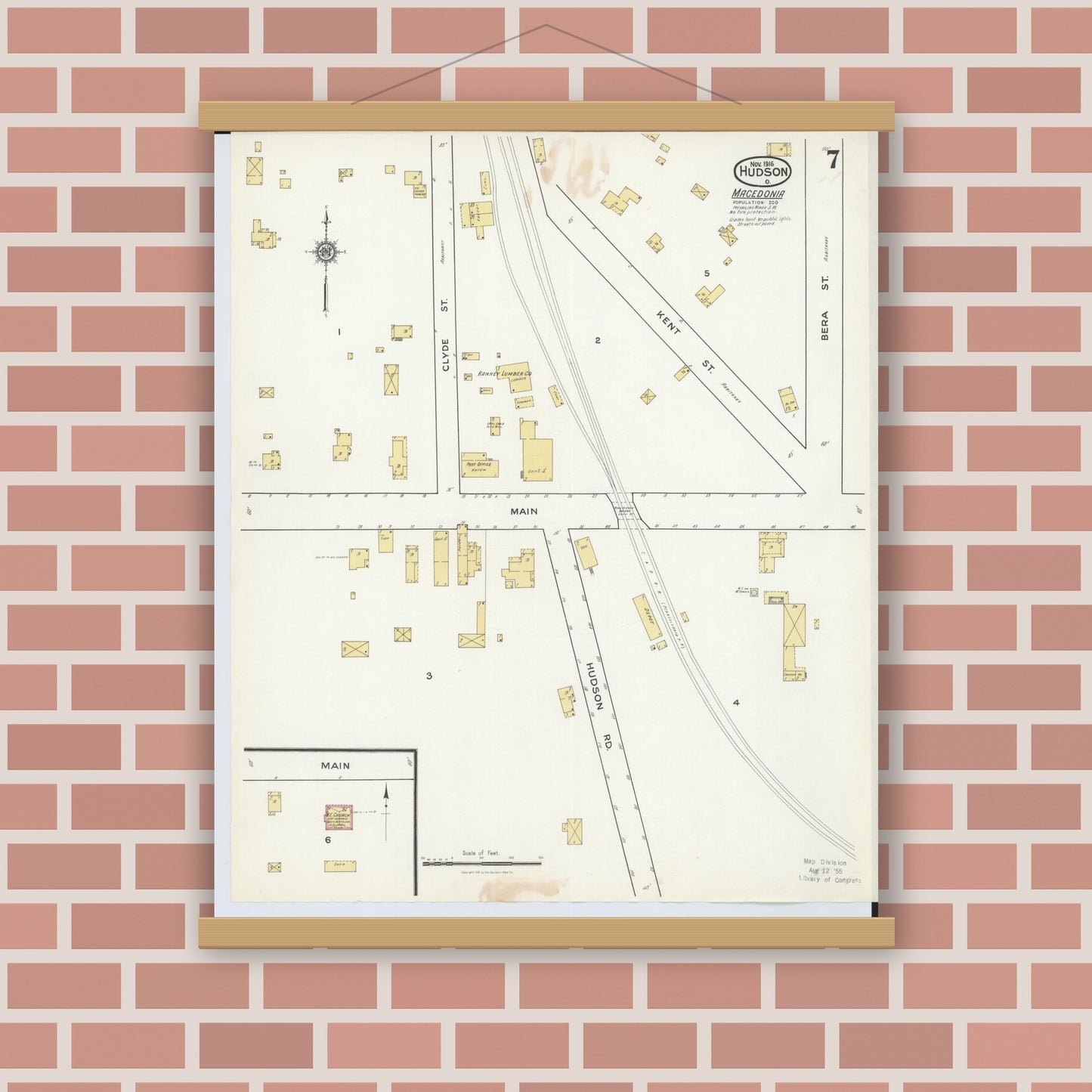 Old map wall art mockup — magnetic wood frame on brick wall — Sanborn Fire Insurance Map from Hudson, Summit County, Ohio (1916), Sheet #0007