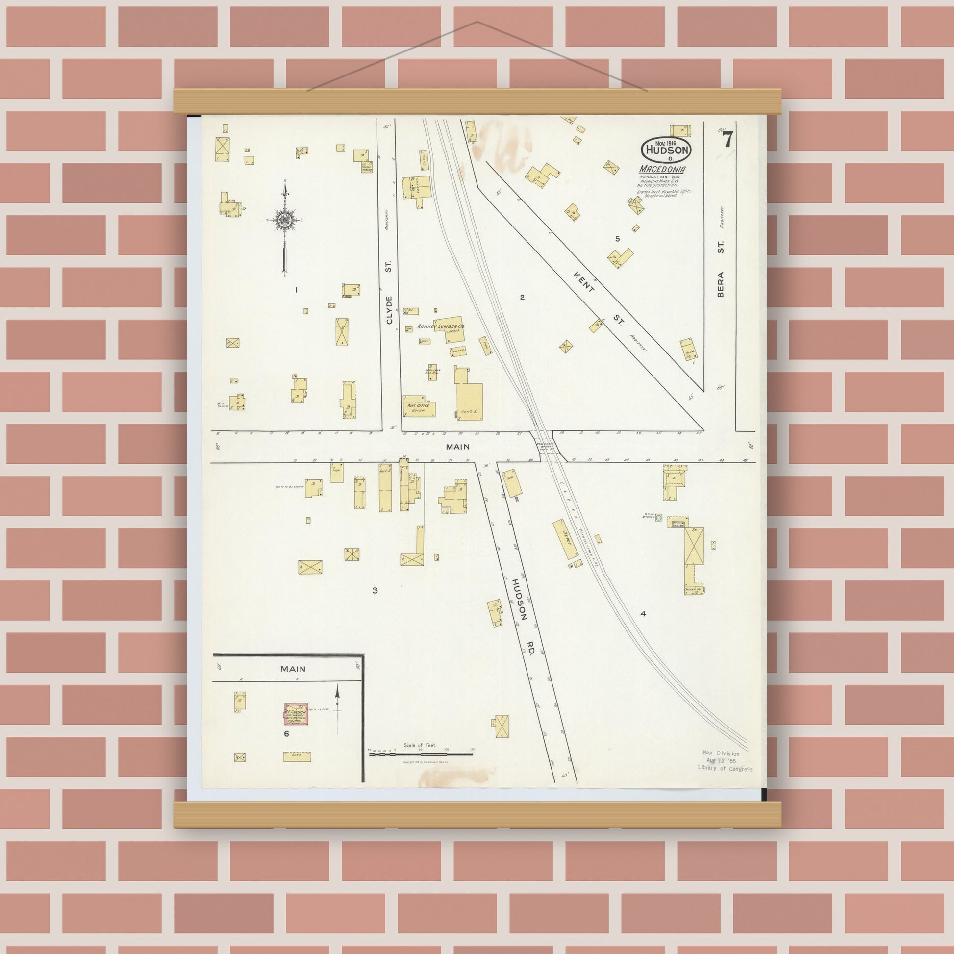 Old map wall art mockup — magnetic wood frame on brick wall — Sanborn Fire Insurance Map from Hudson, Summit County, Ohio (1916), Sheet #0007