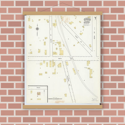 Old map wall art mockup — magnetic wood frame on brick wall — Sanborn Fire Insurance Map from Hudson, Summit County, Ohio (1916), Sheet #0007
