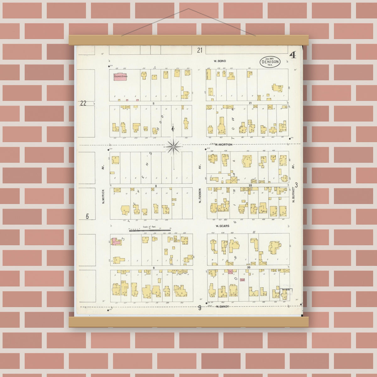 Old map wall art mockup — magnetic wood frame on brick wall — Sanborn Fire Insurance Map from Denison, Grayson County, Texas (1903), Sheet #0004