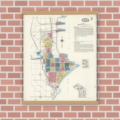 Old map wall art mockup — magnetic wood frame on brick wall — Sanborn Fire Insurance Map from Escanaba, Delta County, Michigan (1921), Sheet #0001