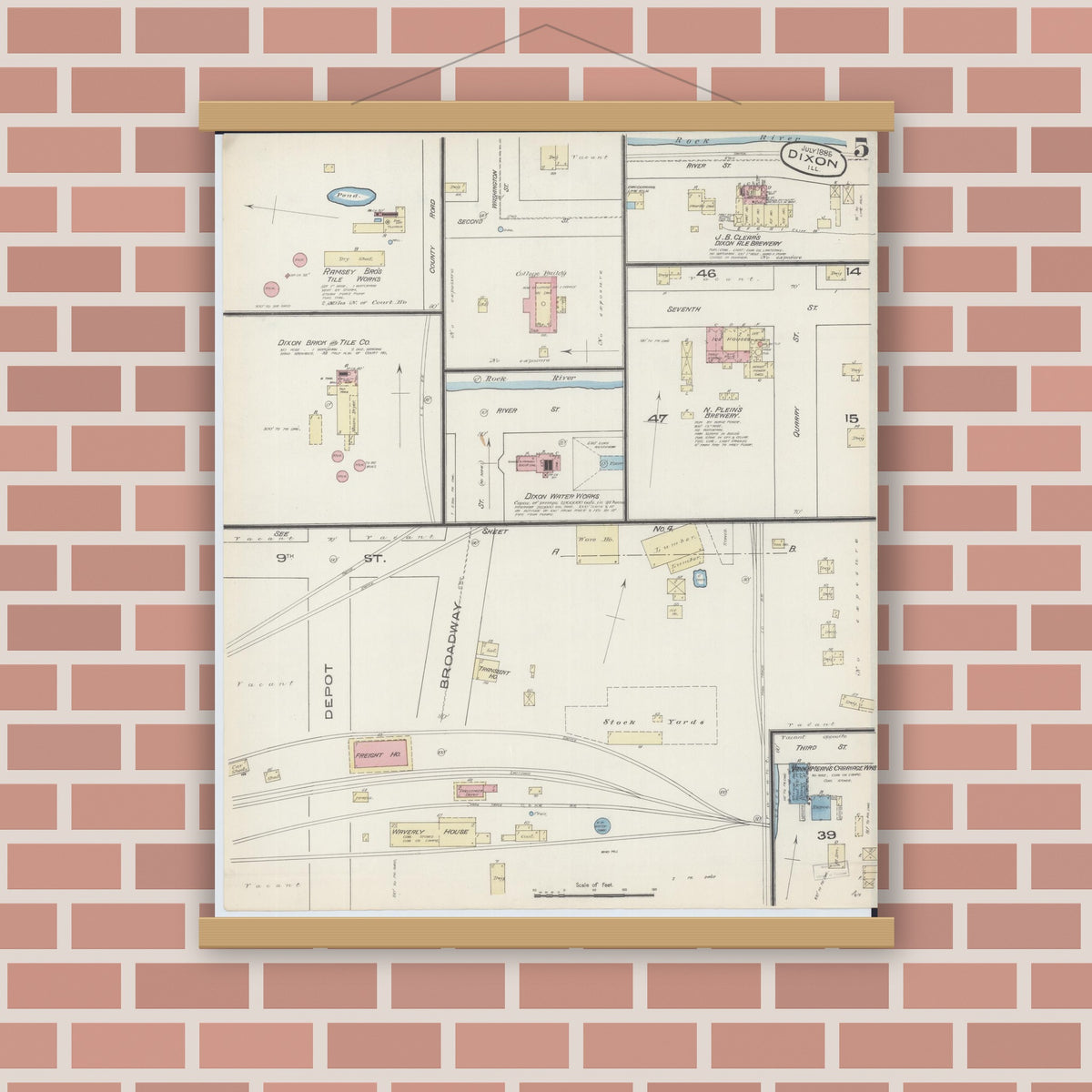 Old map wall art mockup — magnetic wood frame on brick wall — Sanborn Fire Insurance Map from Dixon, Lee County, Illinois (1885), Sheet #0005