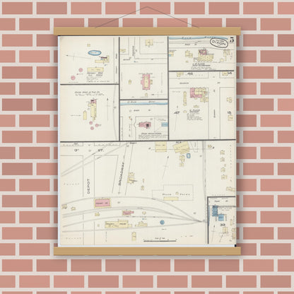 Old map wall art mockup — magnetic wood frame on brick wall — Sanborn Fire Insurance Map from Dixon, Lee County, Illinois (1885), Sheet #0005