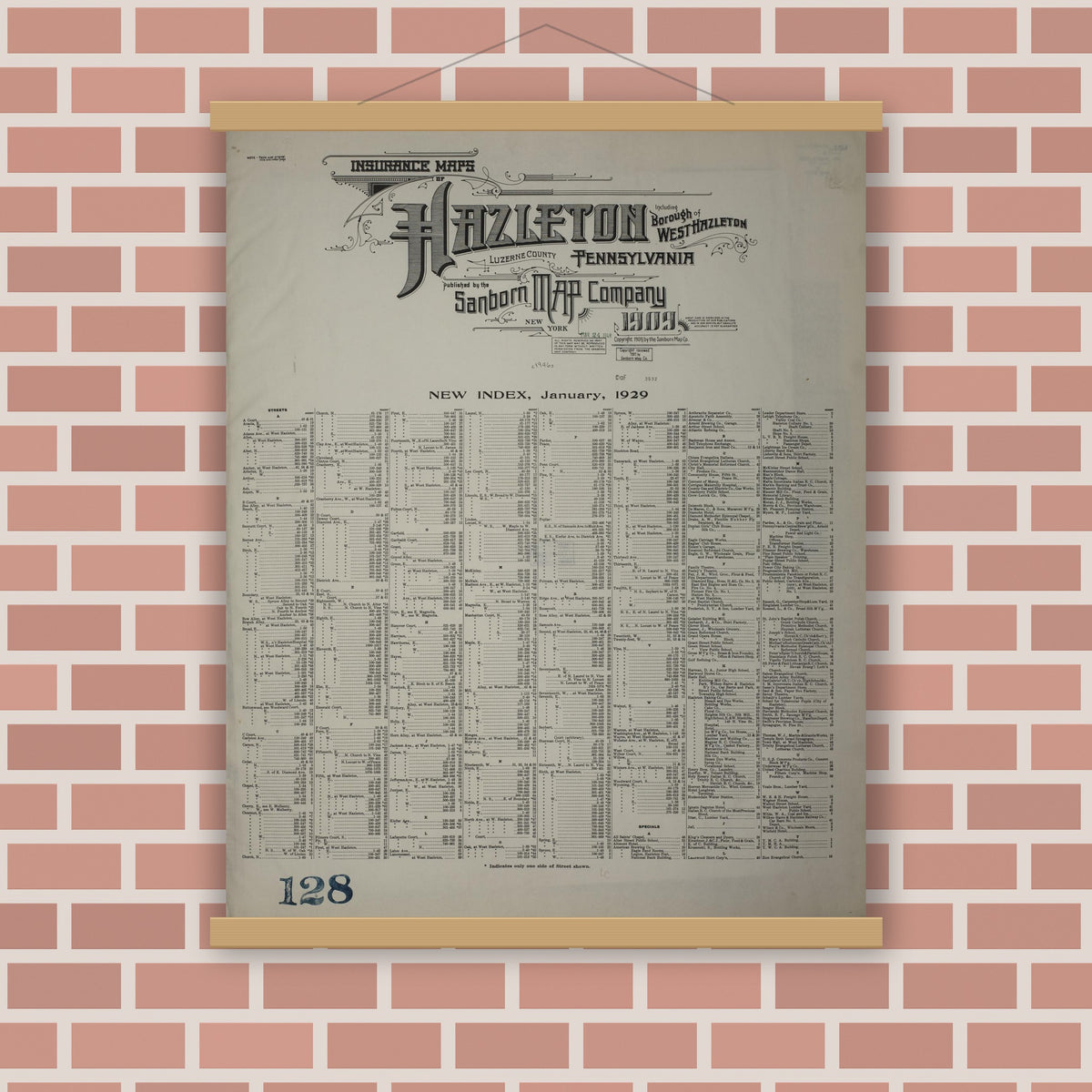 Old map wall art mockup — magnetic wood frame on brick wall — Sanborn Fire Insurance Map from Hazleton, Luzerne County, Pennsylvania (1946), Sheet #0001