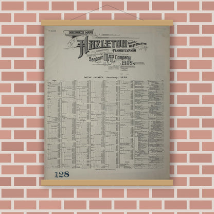 Old map wall art mockup — magnetic wood frame on brick wall — Sanborn Fire Insurance Map from Hazleton, Luzerne County, Pennsylvania (1946), Sheet #0001