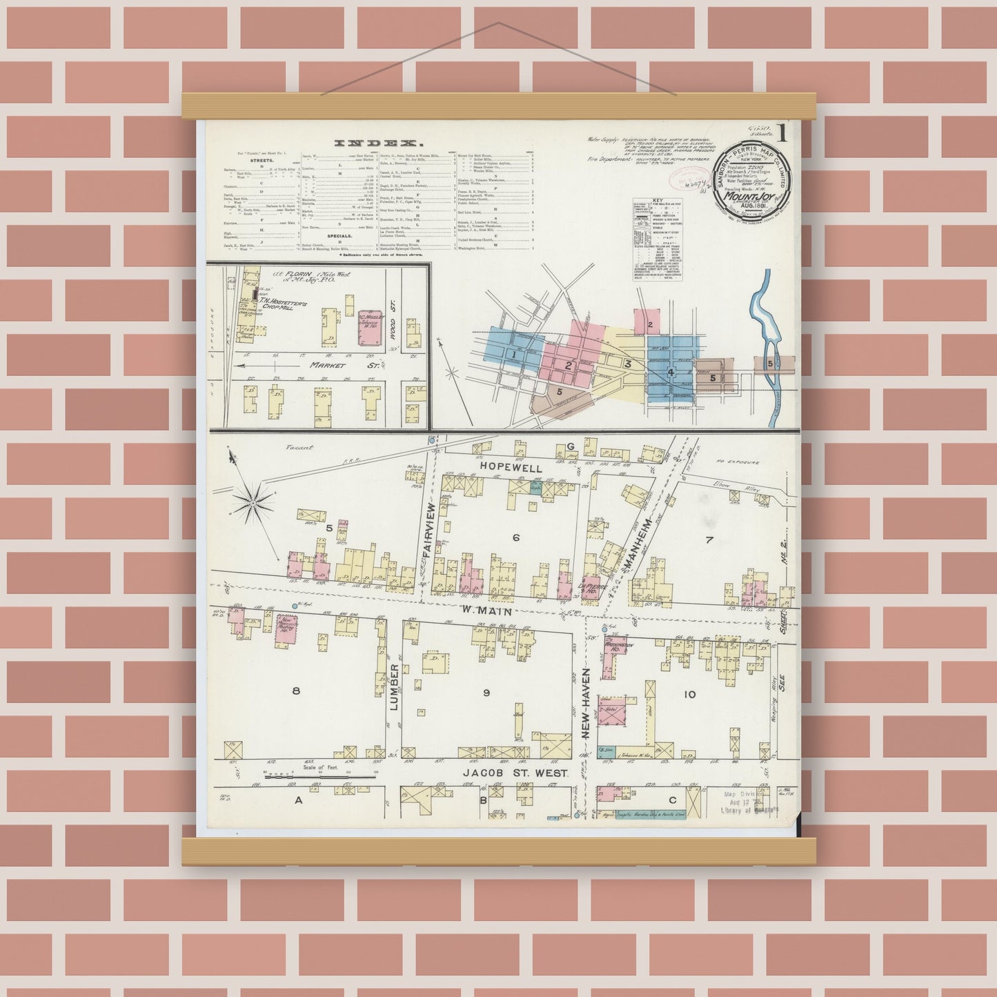 Old map wall art mockup — magnetic wood frame on brick wall — Sanborn Fire Insurance Map from Mount Joy, Lancaster County, Pennsylvania (1891), Sheet #0001