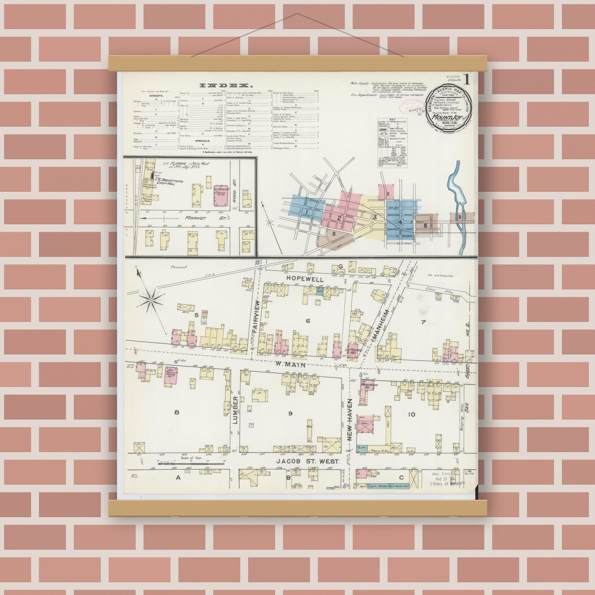 Old map wall art mockup — magnetic wood frame on brick wall — Sanborn Fire Insurance Map from Mount Joy, Lancaster County, Pennsylvania (1891), Sheet #0001