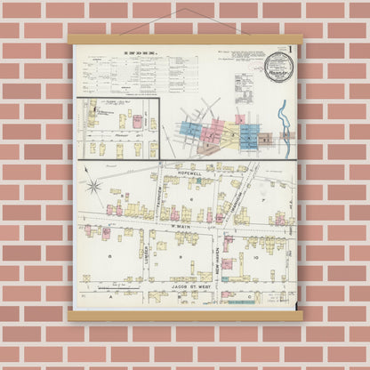 Old map wall art mockup — magnetic wood frame on brick wall — Sanborn Fire Insurance Map from Mount Joy, Lancaster County, Pennsylvania (1891), Sheet #0001