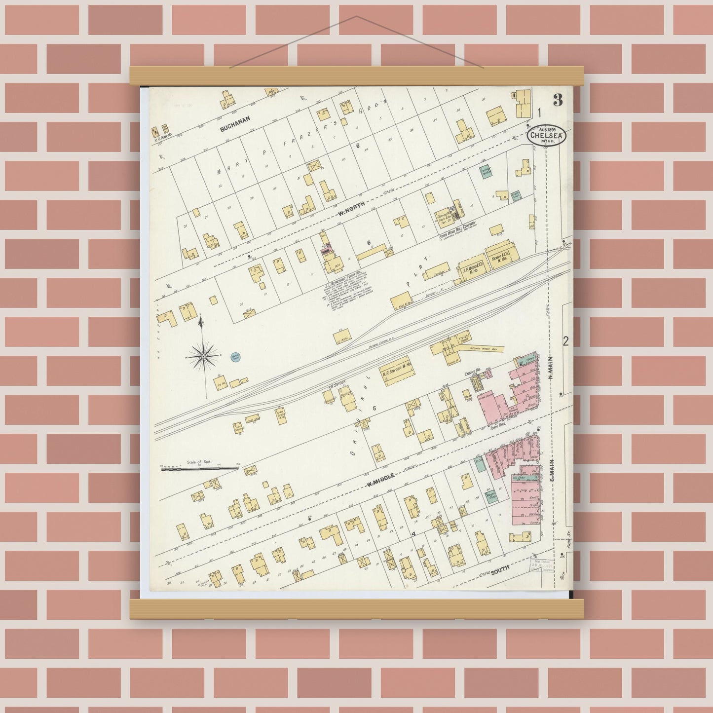 Old map wall art mockup — magnetic wood frame on brick wall — Sanborn Fire Insurance Map from Chelsea, Washtenaw County, Michigan (1899), Sheet #0003