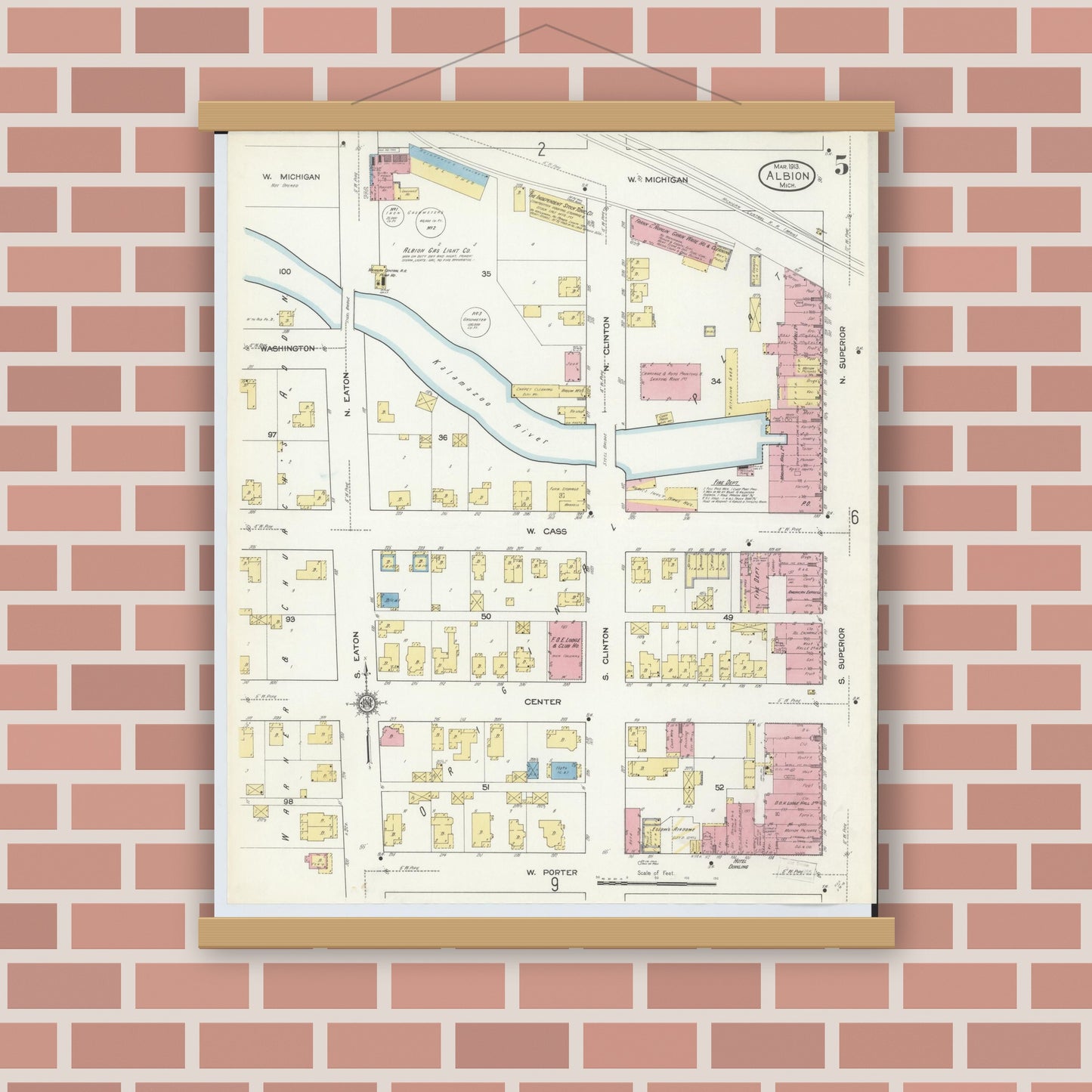 Old map wall art mockup — magnetic wood frame on brick wall — Sanborn Fire Insurance Map from Albion, Calhoun County, Michigan (1913), Sheet #0005