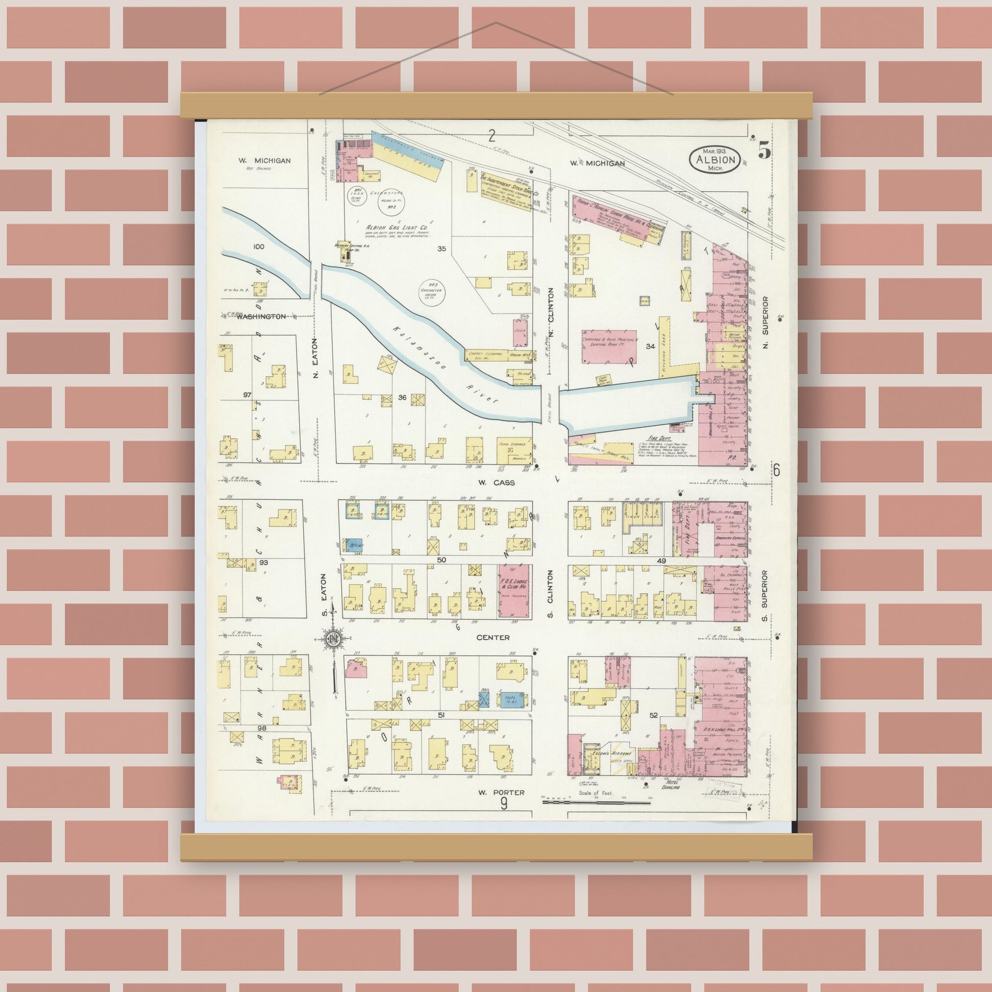 Old map wall art mockup — magnetic wood frame on brick wall — Sanborn Fire Insurance Map from Albion, Calhoun County, Michigan (1913), Sheet #0005