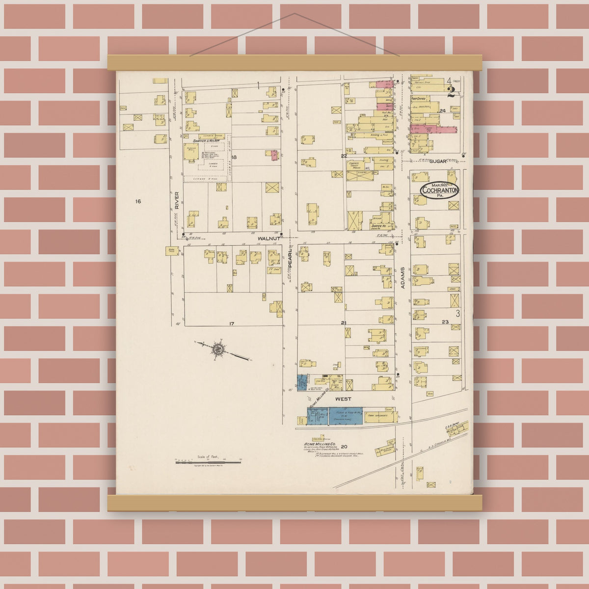 Old map wall art mockup — magnetic wood frame on brick wall — Sanborn Fire Insurance Map from Cochranton, Crawford County, Pennsylvania (1922), Sheet #0002
