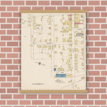 Old map wall art mockup — magnetic wood frame on brick wall — Sanborn Fire Insurance Map from Cochranton, Crawford County, Pennsylvania (1922), Sheet #0002