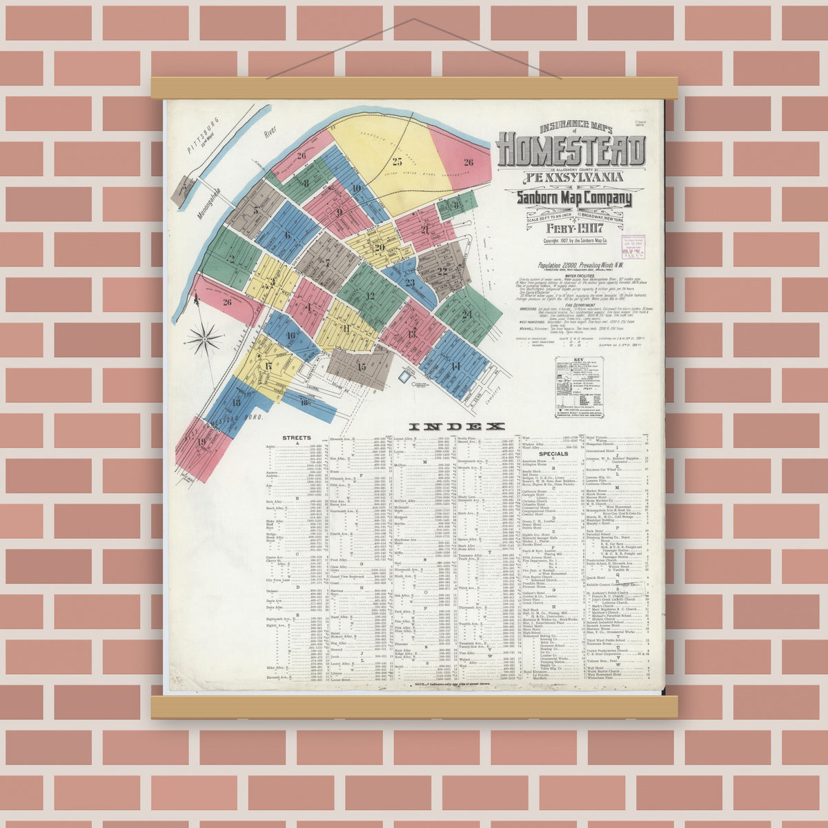 Old map wall art mockup — magnetic wood frame on brick wall — Sanborn Fire Insurance Map from Homestead, Allegheny County, Pennsylvania (1907) - Complete Map Set