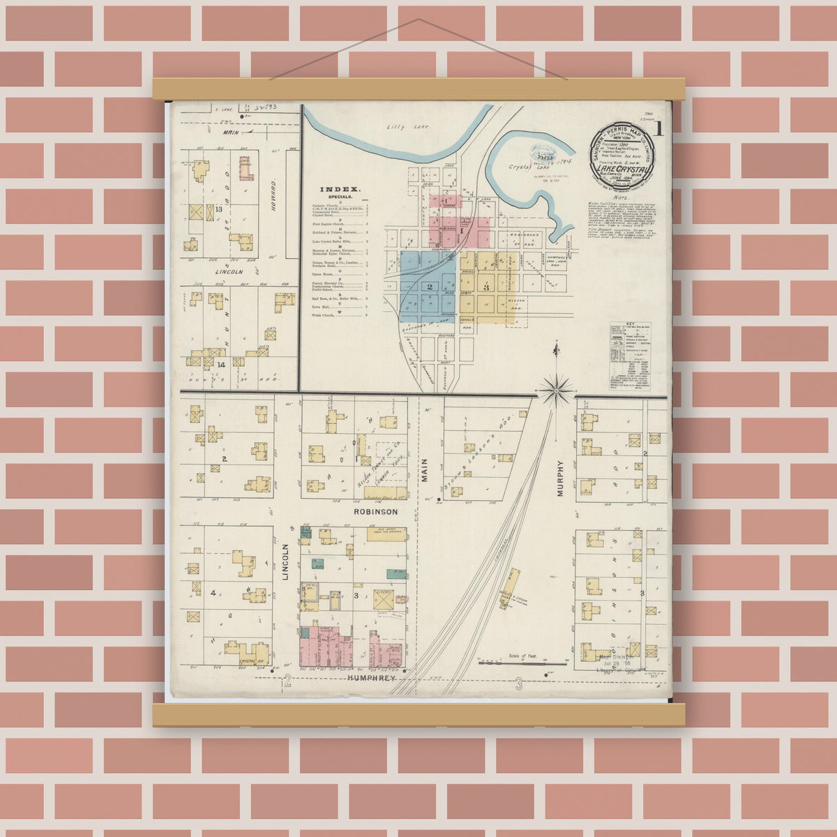 Old map wall art mockup — magnetic wood frame on brick wall — Sanborn Fire Insurance Map from Lake Crystal, Blue Earth County, Minnesota (1894) - Complete Map Set