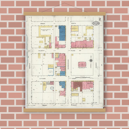 Old map wall art mockup — magnetic wood frame on brick wall — Sanborn Fire Insurance Map from Snyder, Scurry County, Texas (1920), Sheet #0002