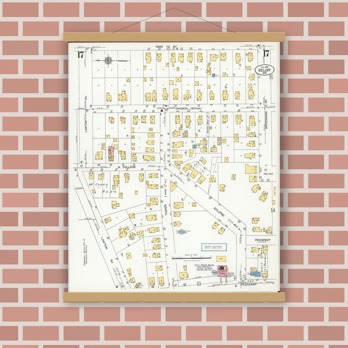 Old map wall art mockup — magnetic wood frame on brick wall — Sanborn Fire Insurance Map from Beloit, Rock County, Wisconsin (1926), Sheet #0017