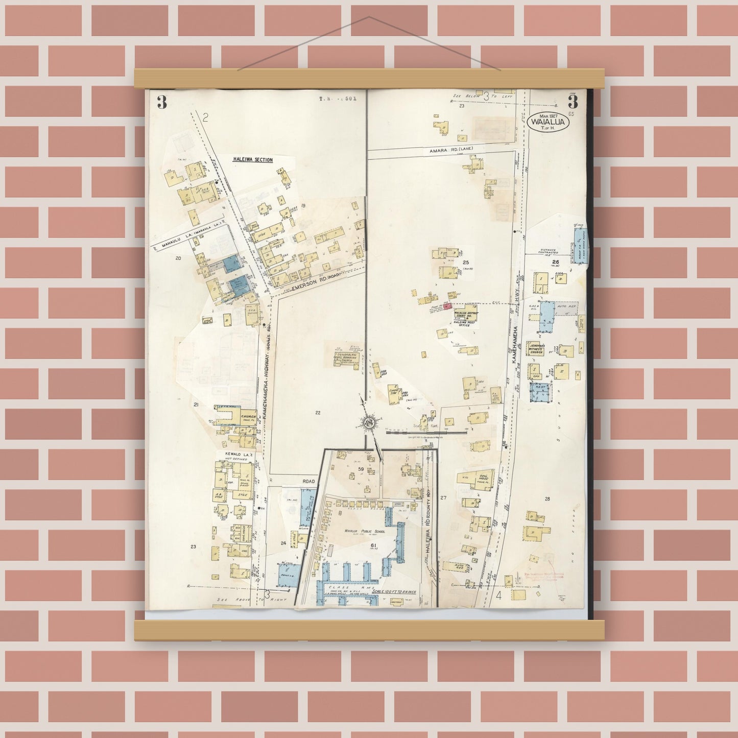 Old map wall art mockup — magnetic wood frame on brick wall — Sanborn Fire Insurance Map from Waialua, Honolulu County, Hawaii (1957), Sheet #0003