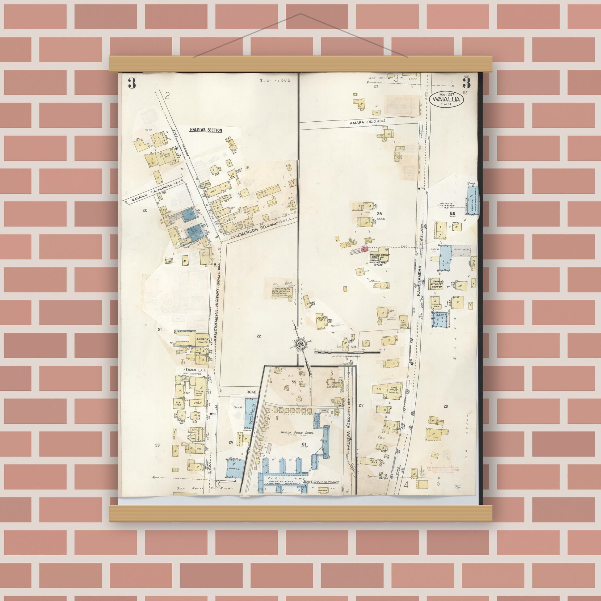 Old map wall art mockup — magnetic wood frame on brick wall — Sanborn Fire Insurance Map from Waialua, Honolulu County, Hawaii (1957), Sheet #0003