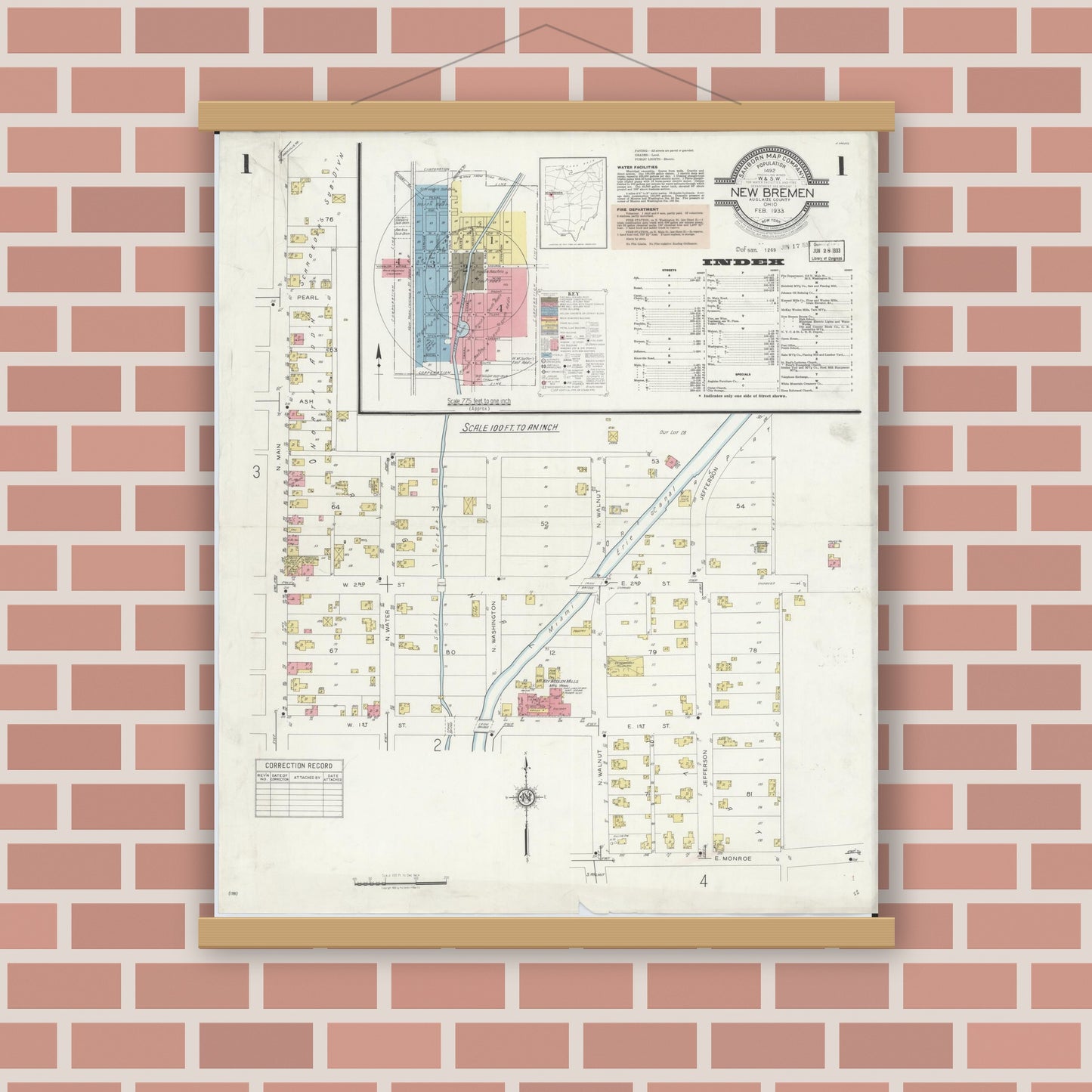 Old map wall art mockup — magnetic wood frame on brick wall — Sanborn Fire Insurance Map from New Bremen, Auglaize County, Ohio (1933), Sheet #0001