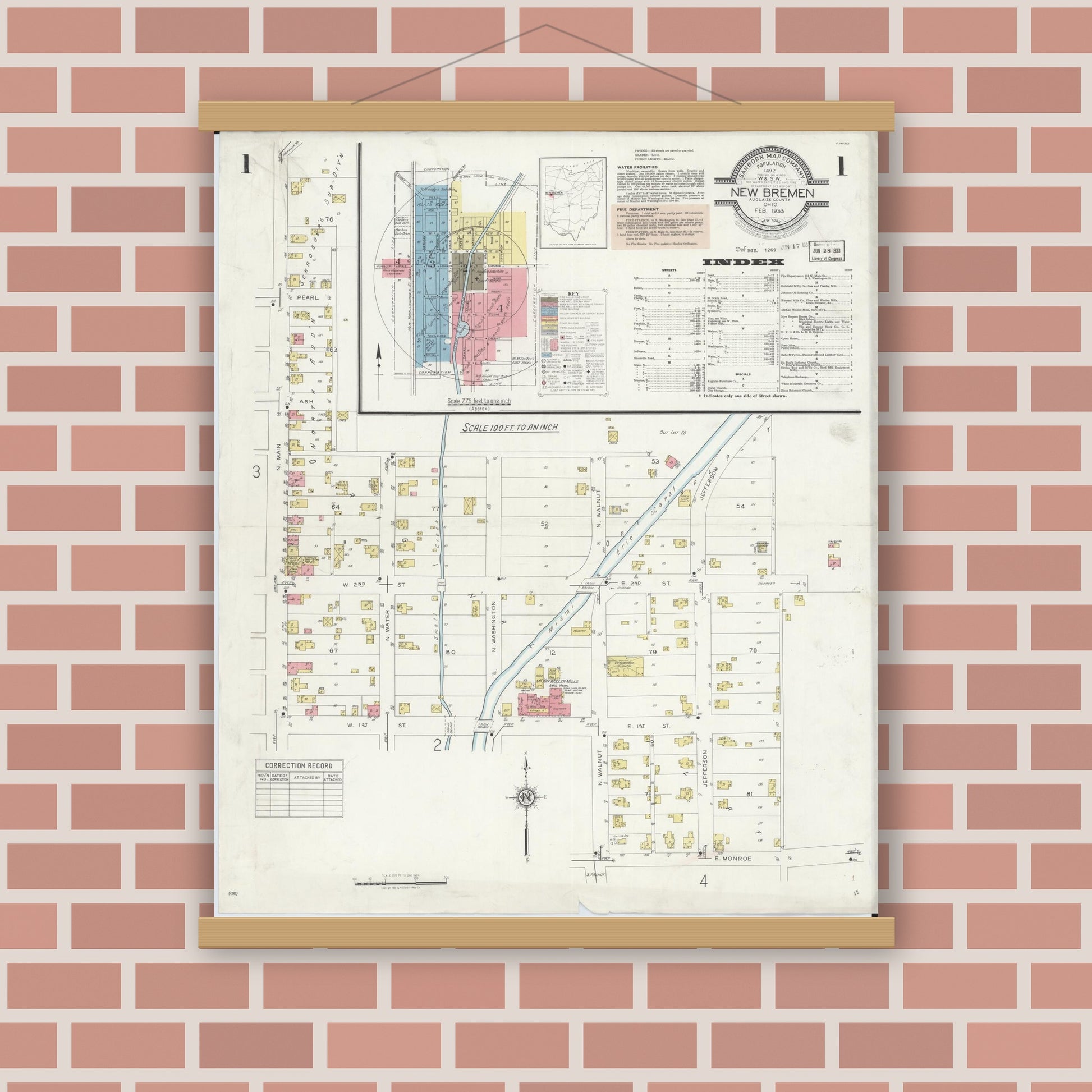 Old map wall art mockup — magnetic wood frame on brick wall — Sanborn Fire Insurance Map from New Bremen, Auglaize County, Ohio (1933), Sheet #0001