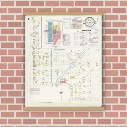 Old map wall art mockup — magnetic wood frame on brick wall — Sanborn Fire Insurance Map from New Bremen, Auglaize County, Ohio (1933), Sheet #0001
