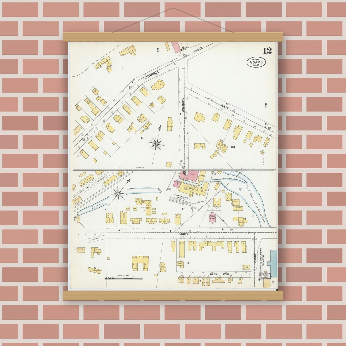 Old map wall art mockup — magnetic wood frame on brick wall — Sanborn Fire Insurance Map from Adams, Berkshire County, Massachusetts (1901), Sheet #0012