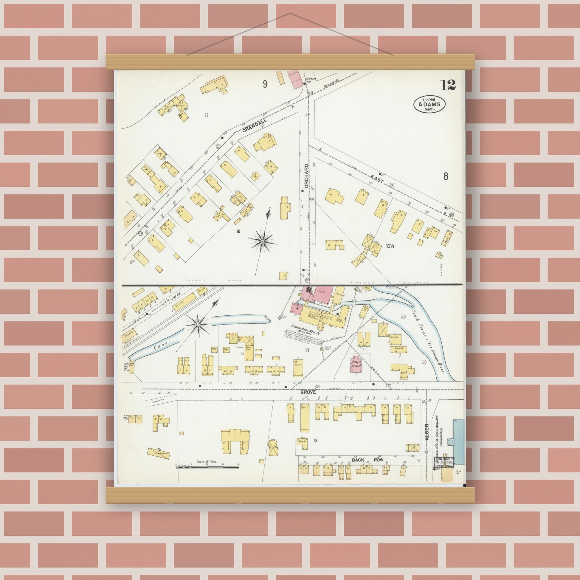 Old map wall art mockup — magnetic wood frame on brick wall — Sanborn Fire Insurance Map from Adams, Berkshire County, Massachusetts (1901), Sheet #0012