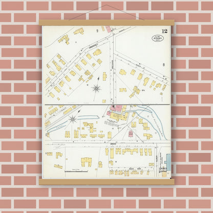 Old map wall art mockup — magnetic wood frame on brick wall — Sanborn Fire Insurance Map from Adams, Berkshire County, Massachusetts (1901), Sheet #0012