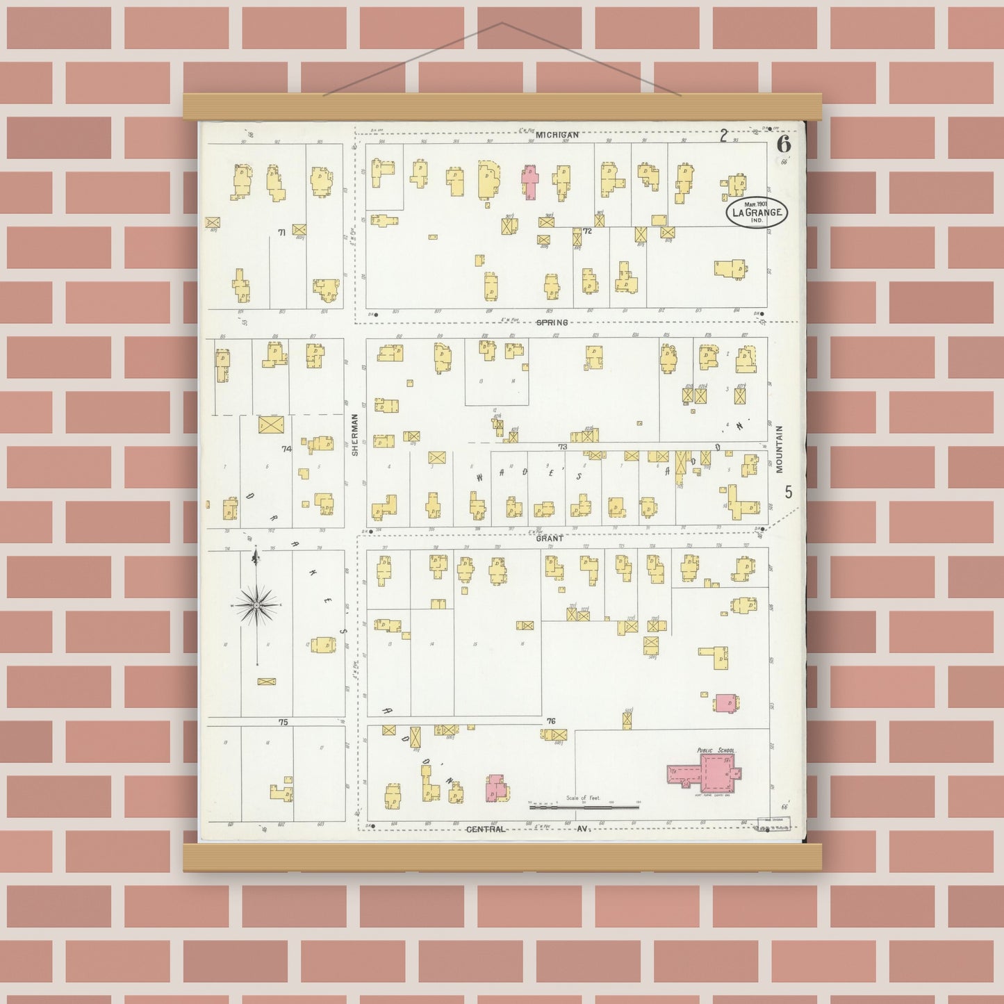 Old map wall art mockup — magnetic wood frame on brick wall — Sanborn Fire Insurance Map from Lagrange, LaGrange County, Indiana (1901), Sheet #0006