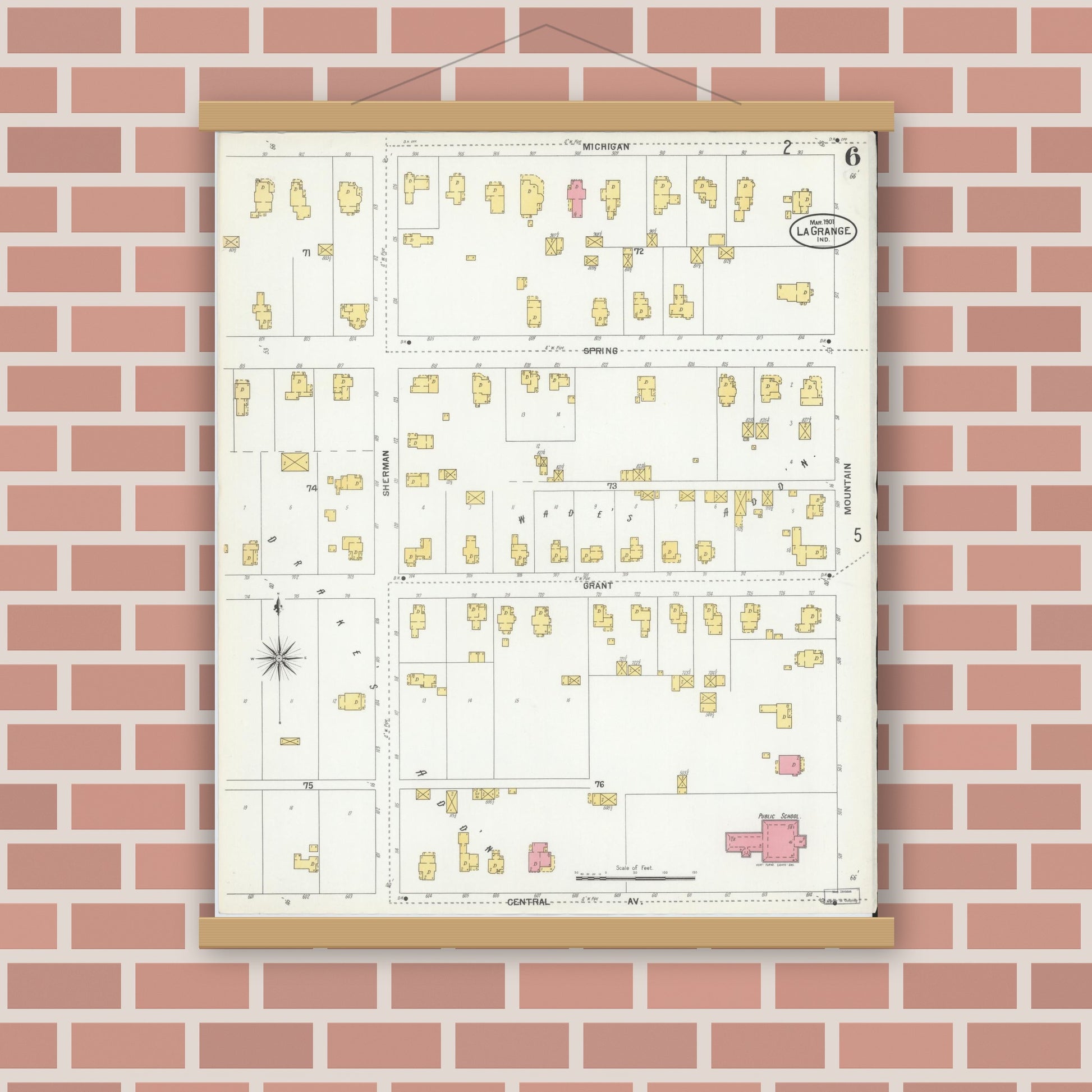 Old map wall art mockup — magnetic wood frame on brick wall — Sanborn Fire Insurance Map from Lagrange, LaGrange County, Indiana (1901), Sheet #0006