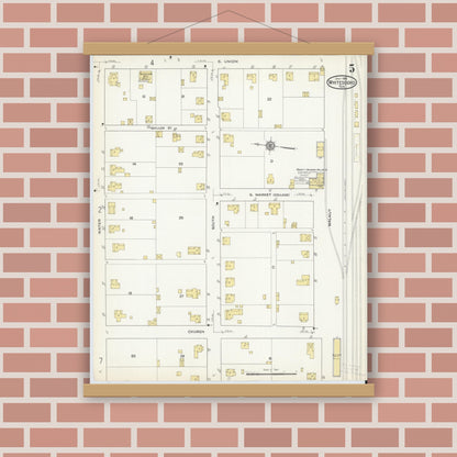 Old map wall art mockup — magnetic wood frame on brick wall — Sanborn Fire Insurance Map from Whitesboro, Grayson County, Texas (1915), Sheet #0005