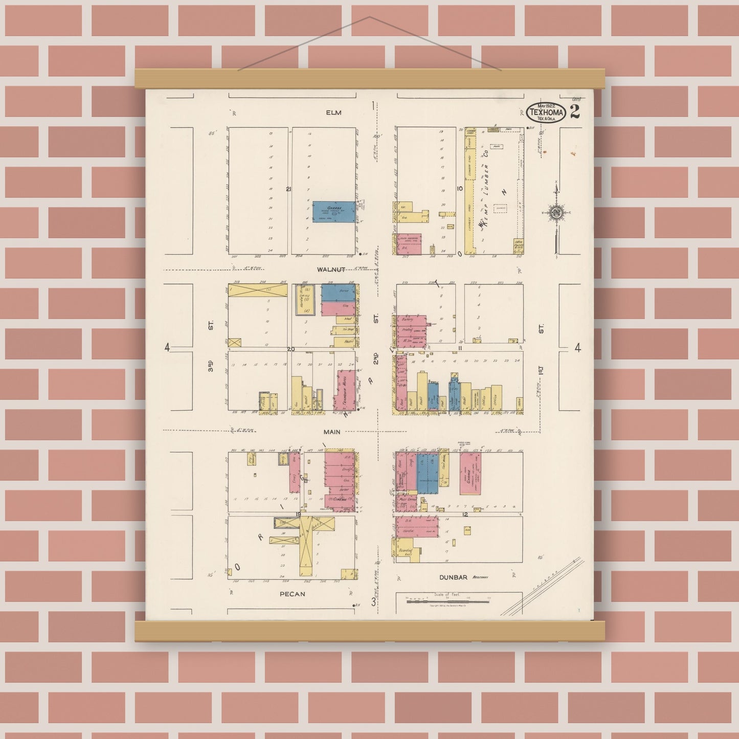 Old map wall art mockup — magnetic wood frame on brick wall — Sanborn Fire Insurance Map from Texhoma, Texas County, Oklahoma and Sherman County, Texas, Texas (1922), Sheet #0002
