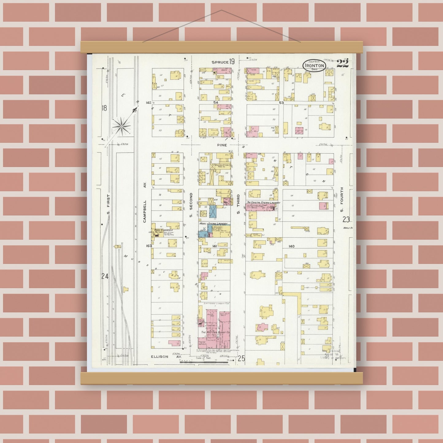 Old map wall art mockup — magnetic wood frame on brick wall — Sanborn Fire Insurance Map from Ironton, Lawrence County, Ohio (1909), Sheet #0022