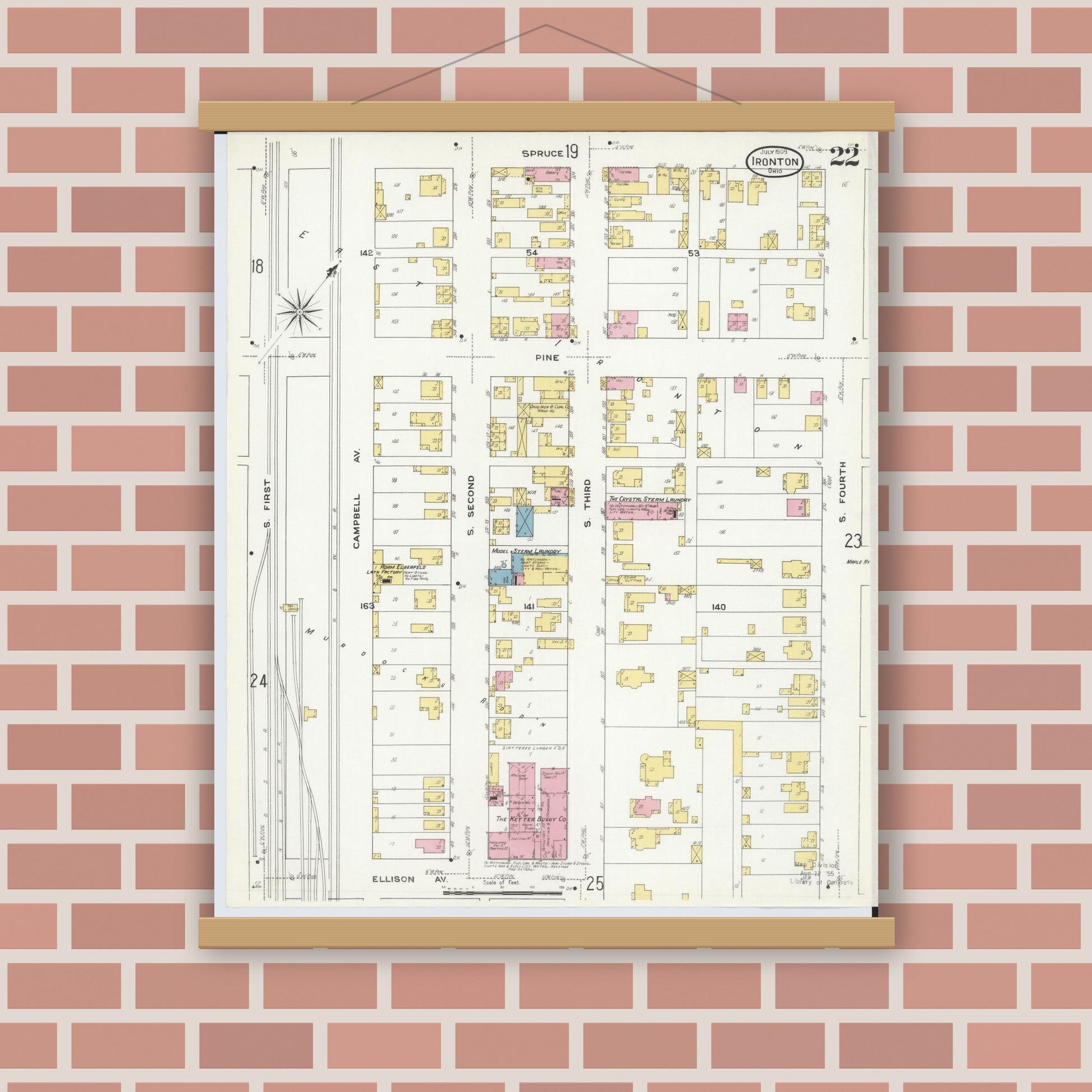 Old map wall art mockup — magnetic wood frame on brick wall — Sanborn Fire Insurance Map from Ironton, Lawrence County, Ohio (1909), Sheet #0022