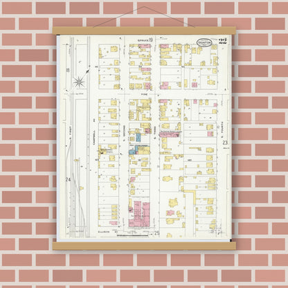 Old map wall art mockup — magnetic wood frame on brick wall — Sanborn Fire Insurance Map from Ironton, Lawrence County, Ohio (1909), Sheet #0022