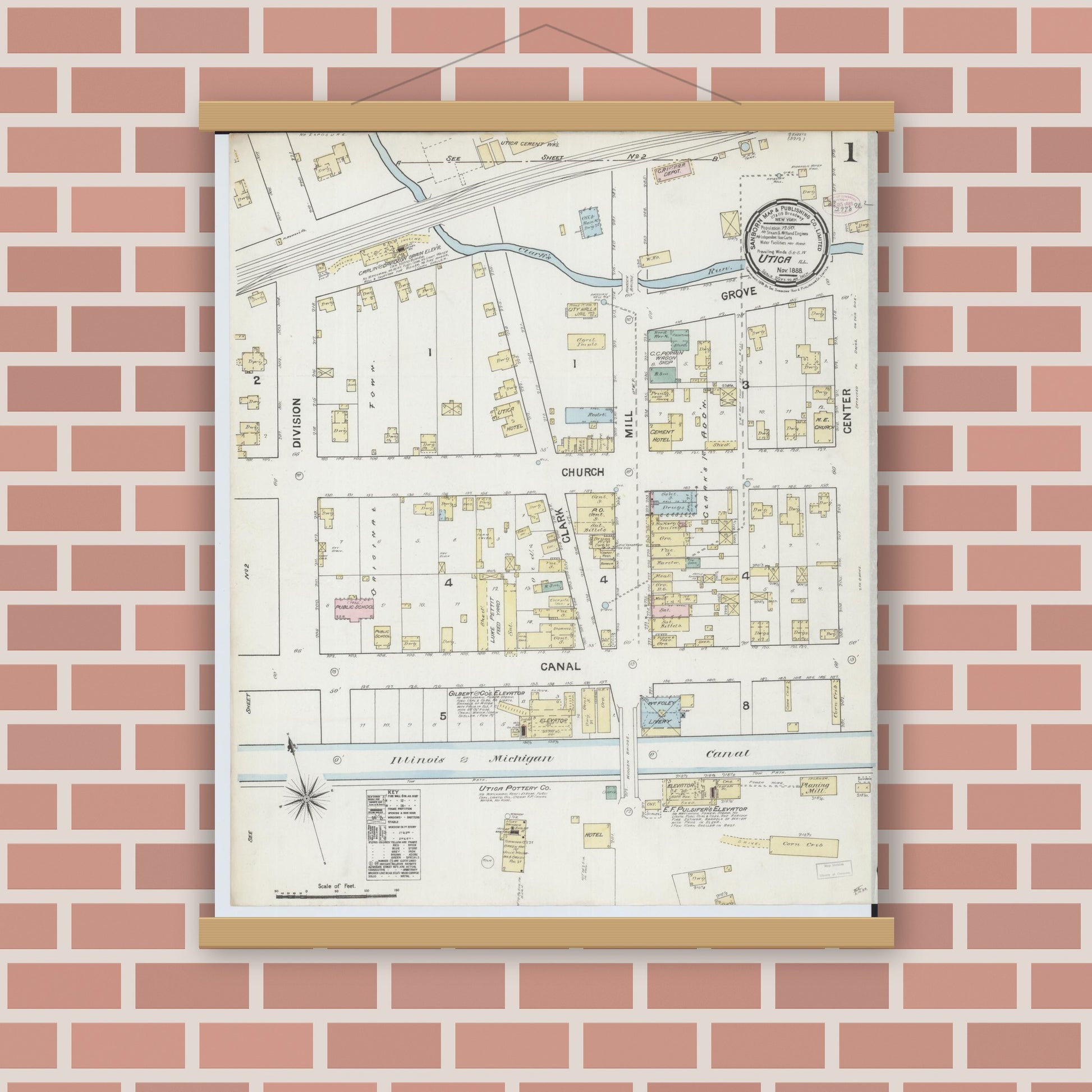 Old map wall art mockup — magnetic wood frame on brick wall — Sanborn Fire Insurance Map from Utica, La Salle County, Illinois (1888) - Complete Map Set