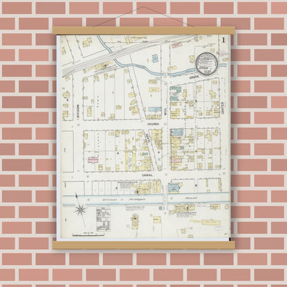 Old map wall art mockup — magnetic wood frame on brick wall — Sanborn Fire Insurance Map from Utica, La Salle County, Illinois (1888) - Complete Map Set