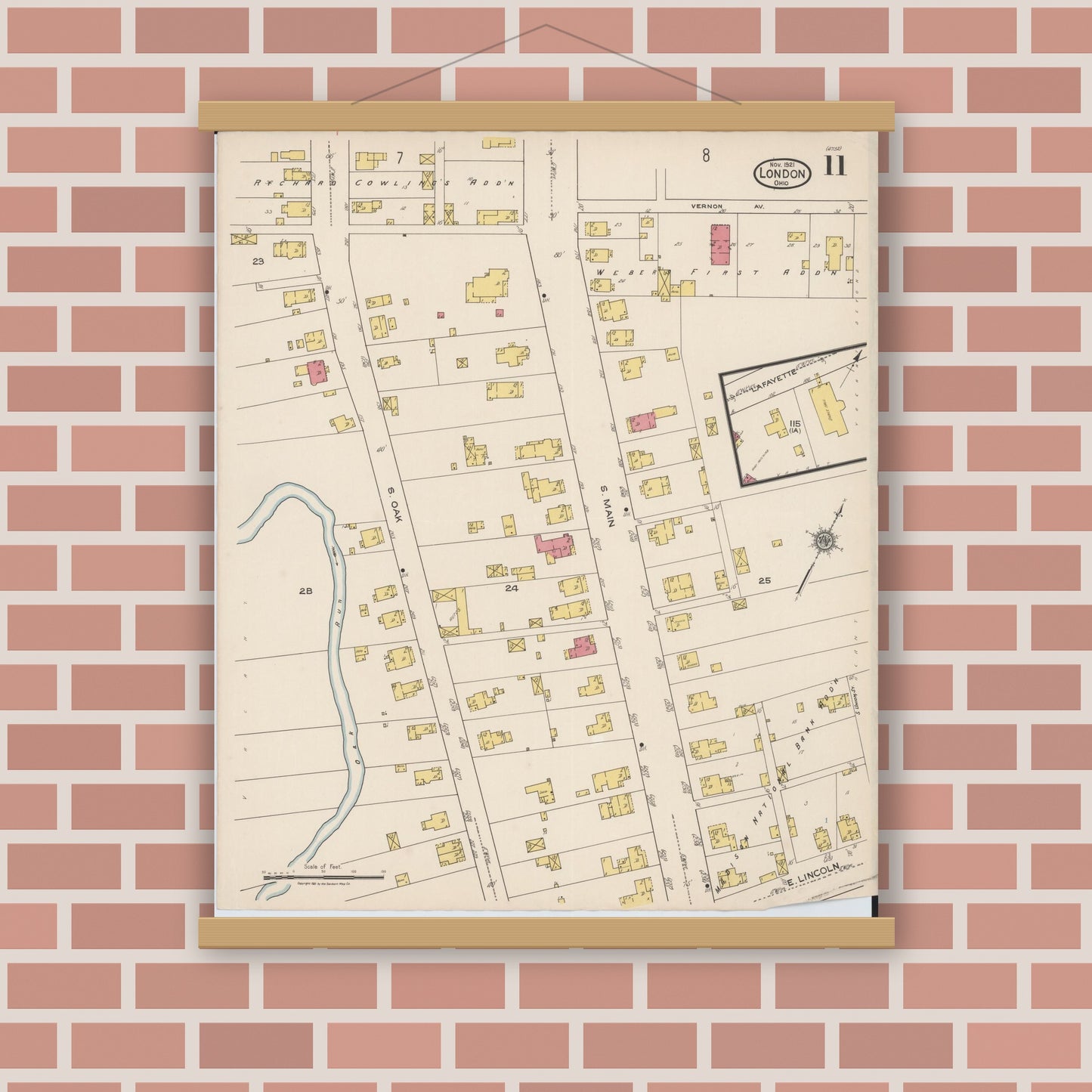 Old map wall art mockup — magnetic wood frame on brick wall — Sanborn Fire Insurance Map from London, Madison County, Ohio (1921), Sheet #0011