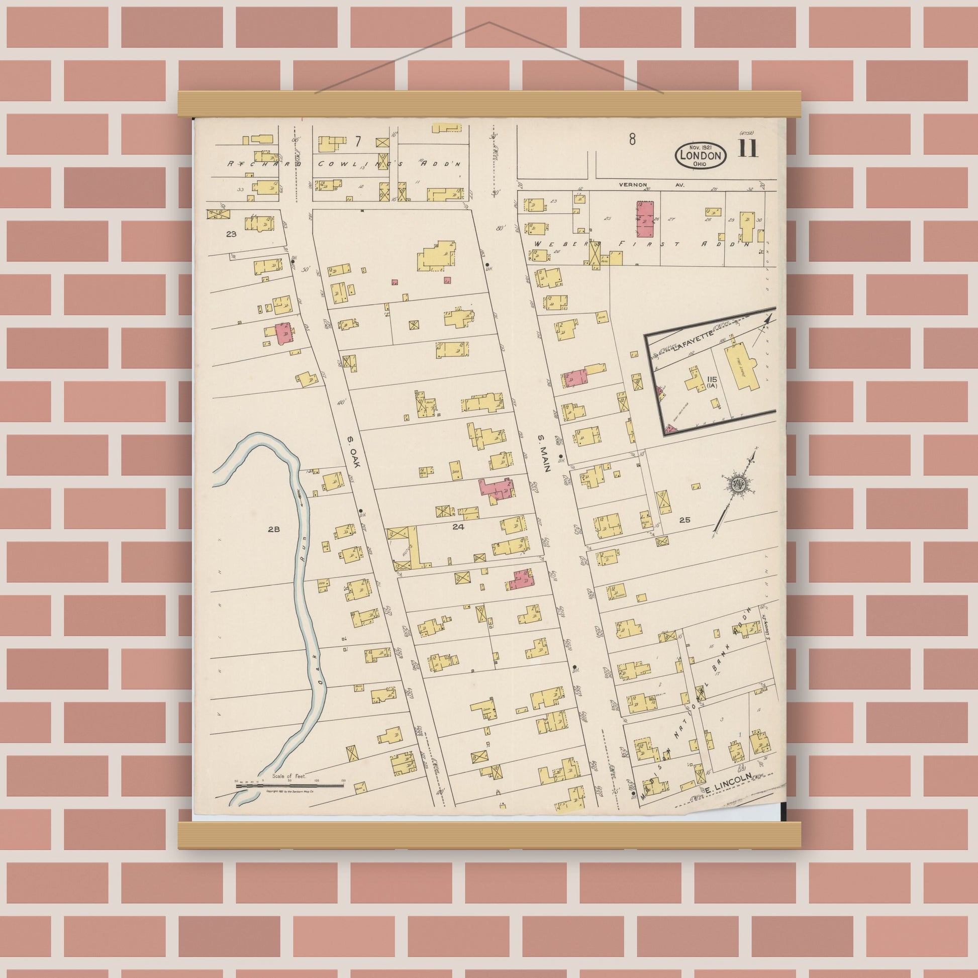 Old map wall art mockup — magnetic wood frame on brick wall — Sanborn Fire Insurance Map from London, Madison County, Ohio (1921), Sheet #0011