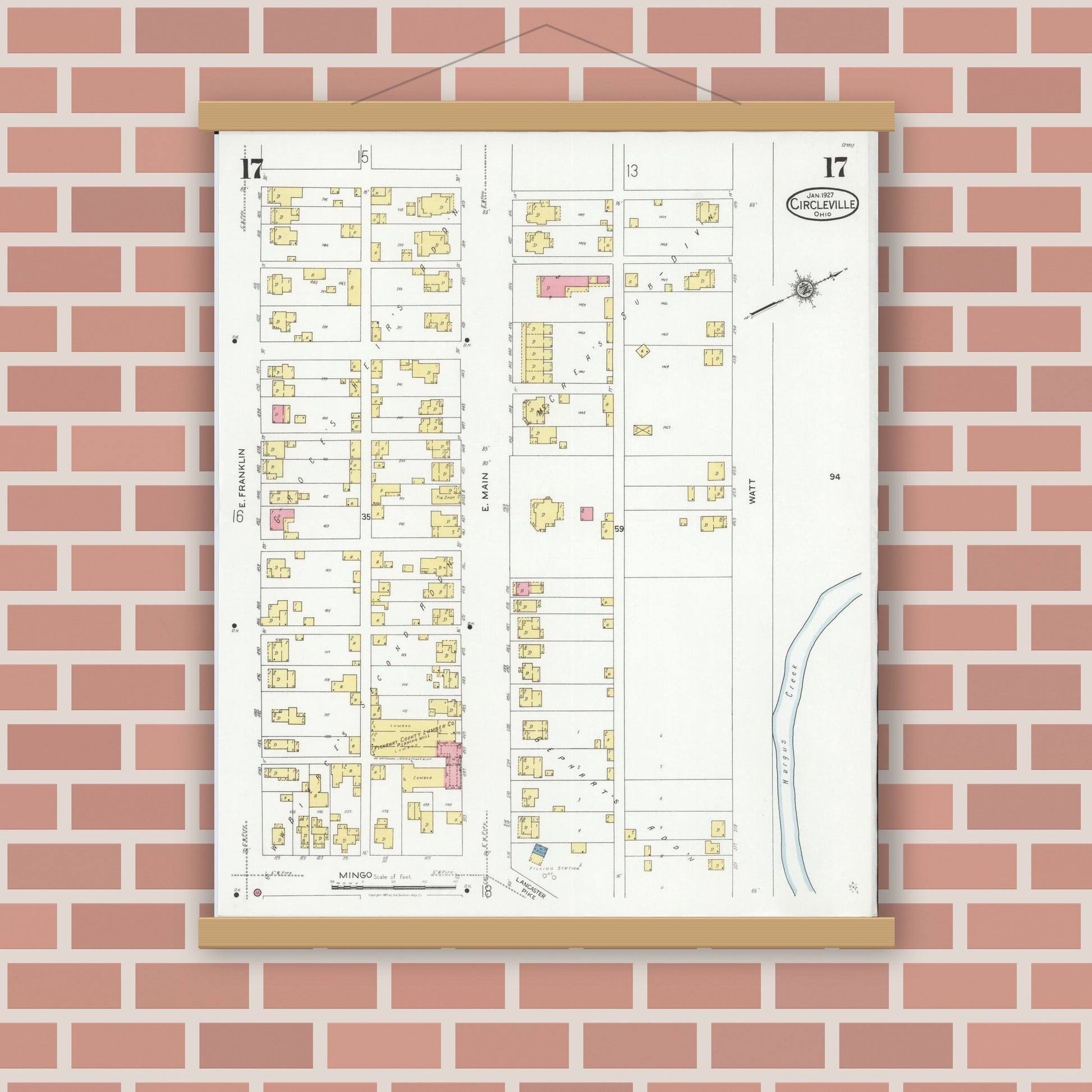 Old map wall art mockup — magnetic wood frame on brick wall — Sanborn Fire Insurance Map from Circleville, Pickaway County, Ohio (1927), Sheet #0017
