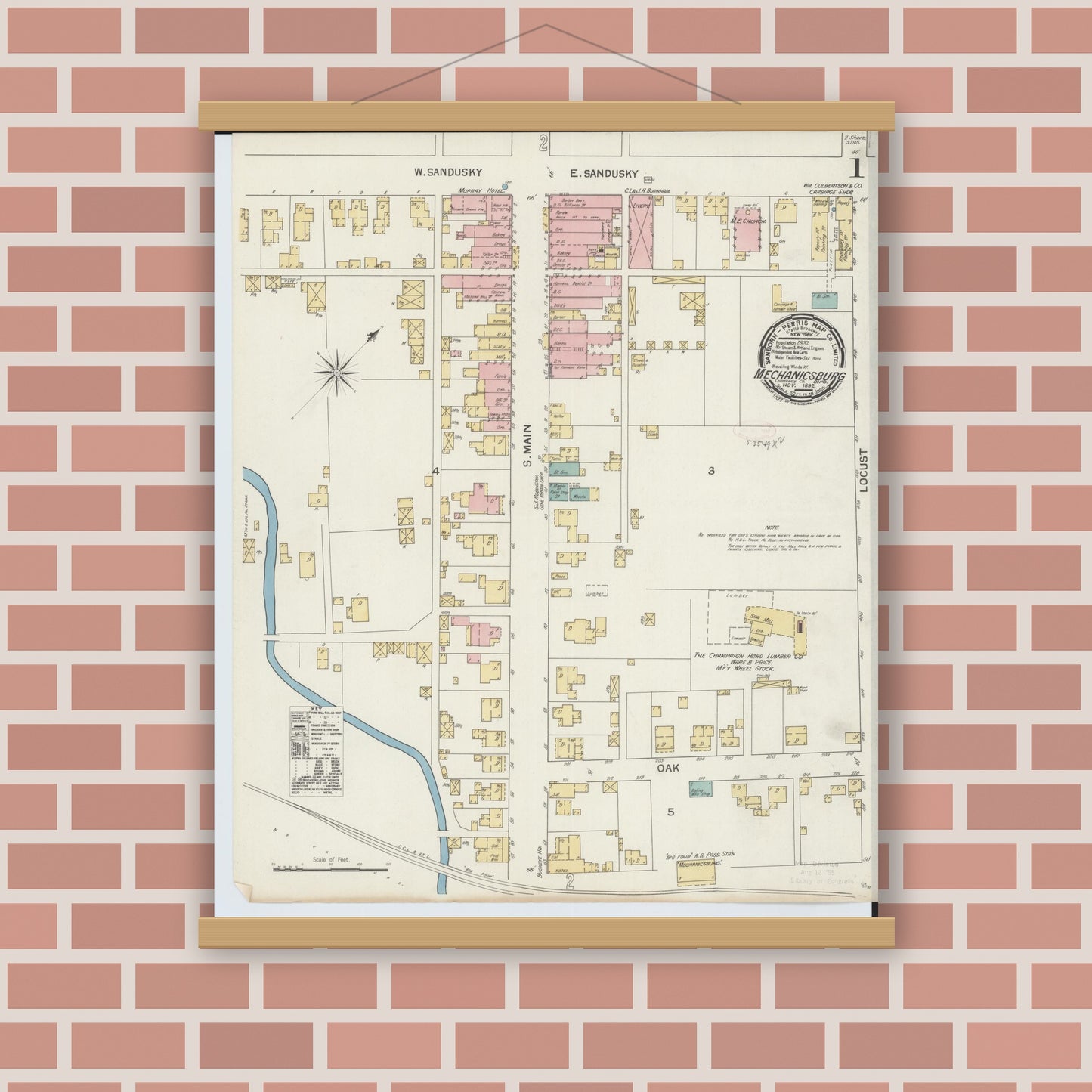 Old map wall art mockup — magnetic wood frame on brick wall — Sanborn Fire Insurance Map from Mechanicsburg, Champaign County, Ohio (1892) - Complete Map Set