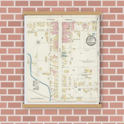 Old map wall art mockup — magnetic wood frame on brick wall — Sanborn Fire Insurance Map from Mechanicsburg, Champaign County, Ohio (1892) - Complete Map Set