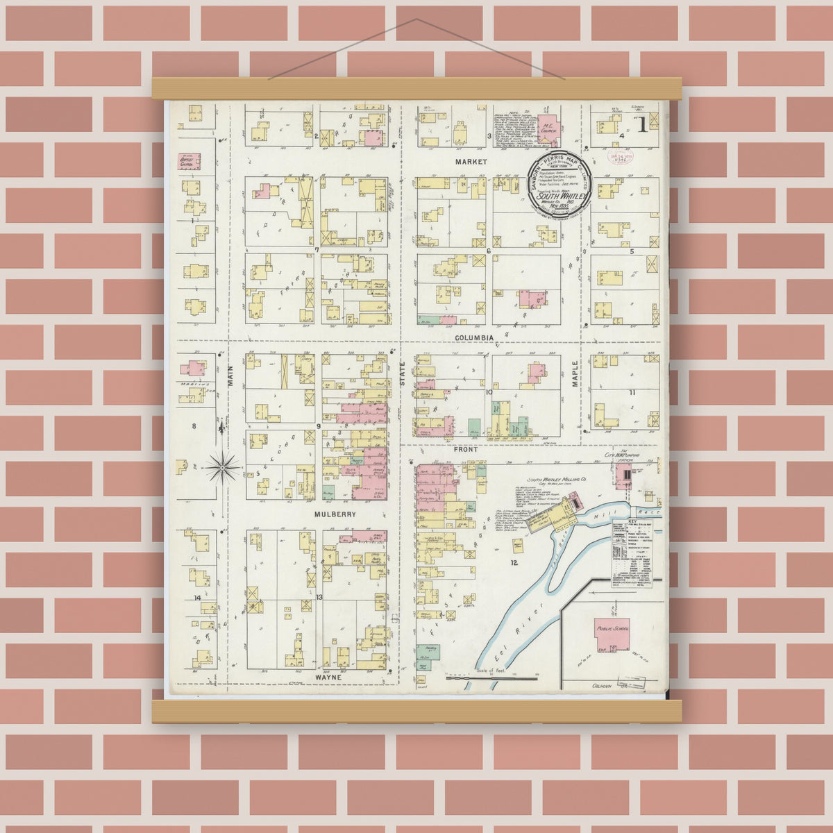 Old map wall art mockup — magnetic wood frame on brick wall — Sanborn Fire Insurance Map from South Whitley, Whitley County, Indiana (1895), Sheet #0001