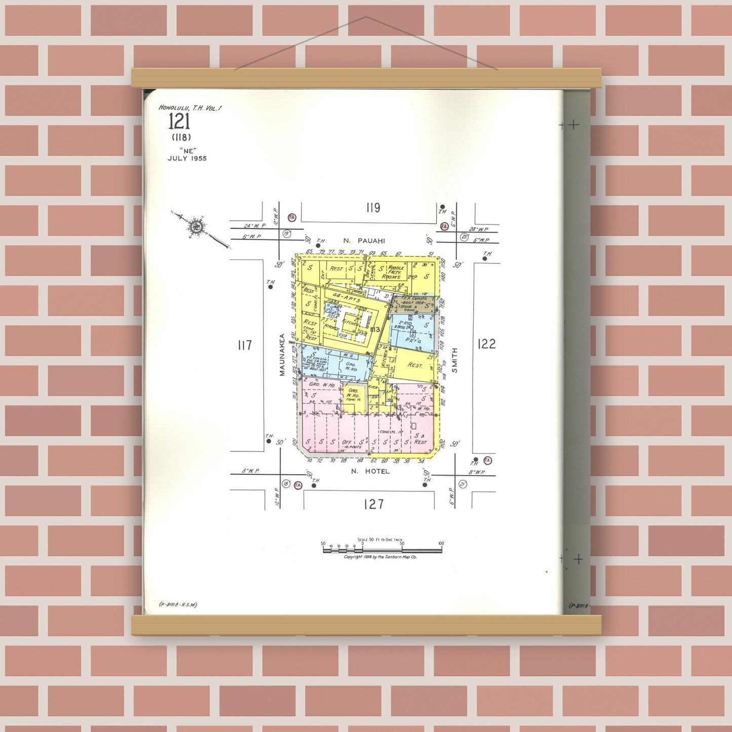 Old map wall art mockup — magnetic wood frame on brick wall — Sanborn Fire Insurance Map from Honolulu, Oahu County, Hawaii (1955), Sheet #0121